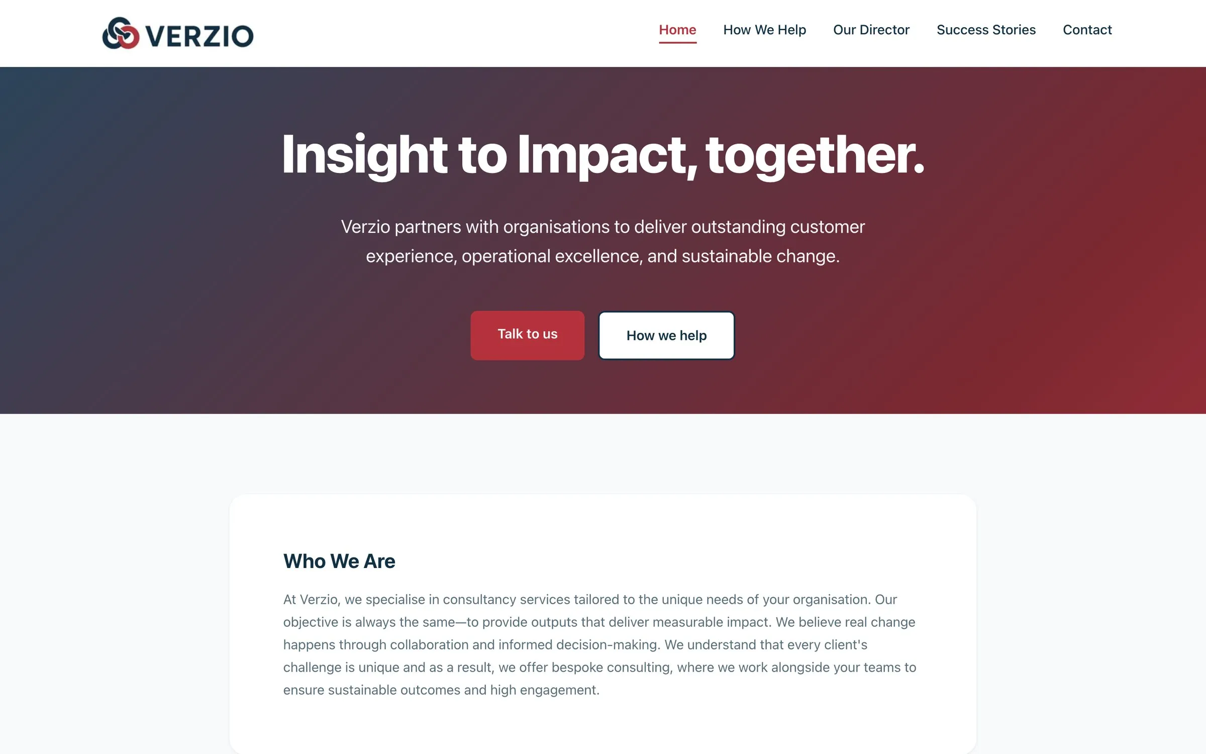 The Verzio home page: the headline “Insight to Impact, together.” over a blue and red banner, with buttons to talk to Verzio or see how it helps