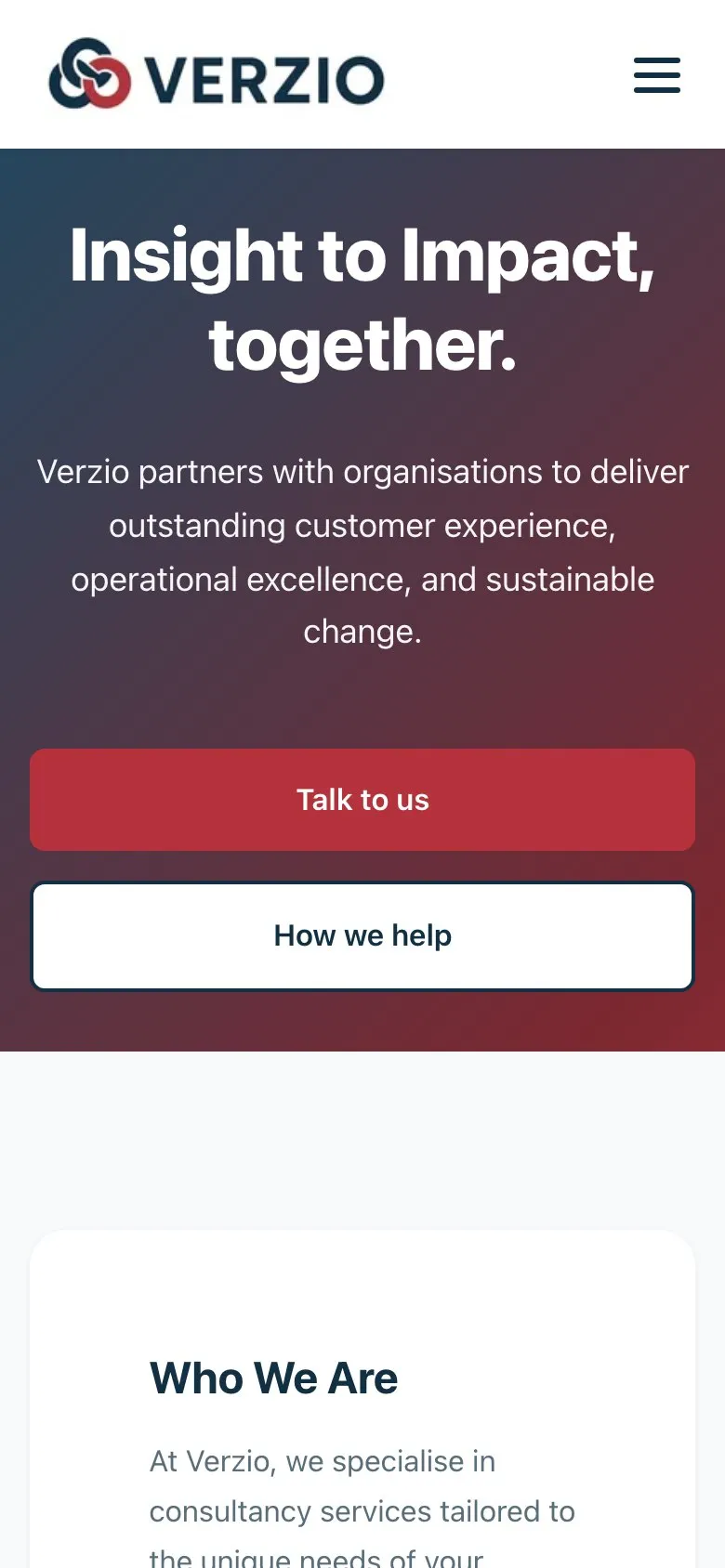The Verzio home page on a phone, with the headline, a short summary and two full-width buttons